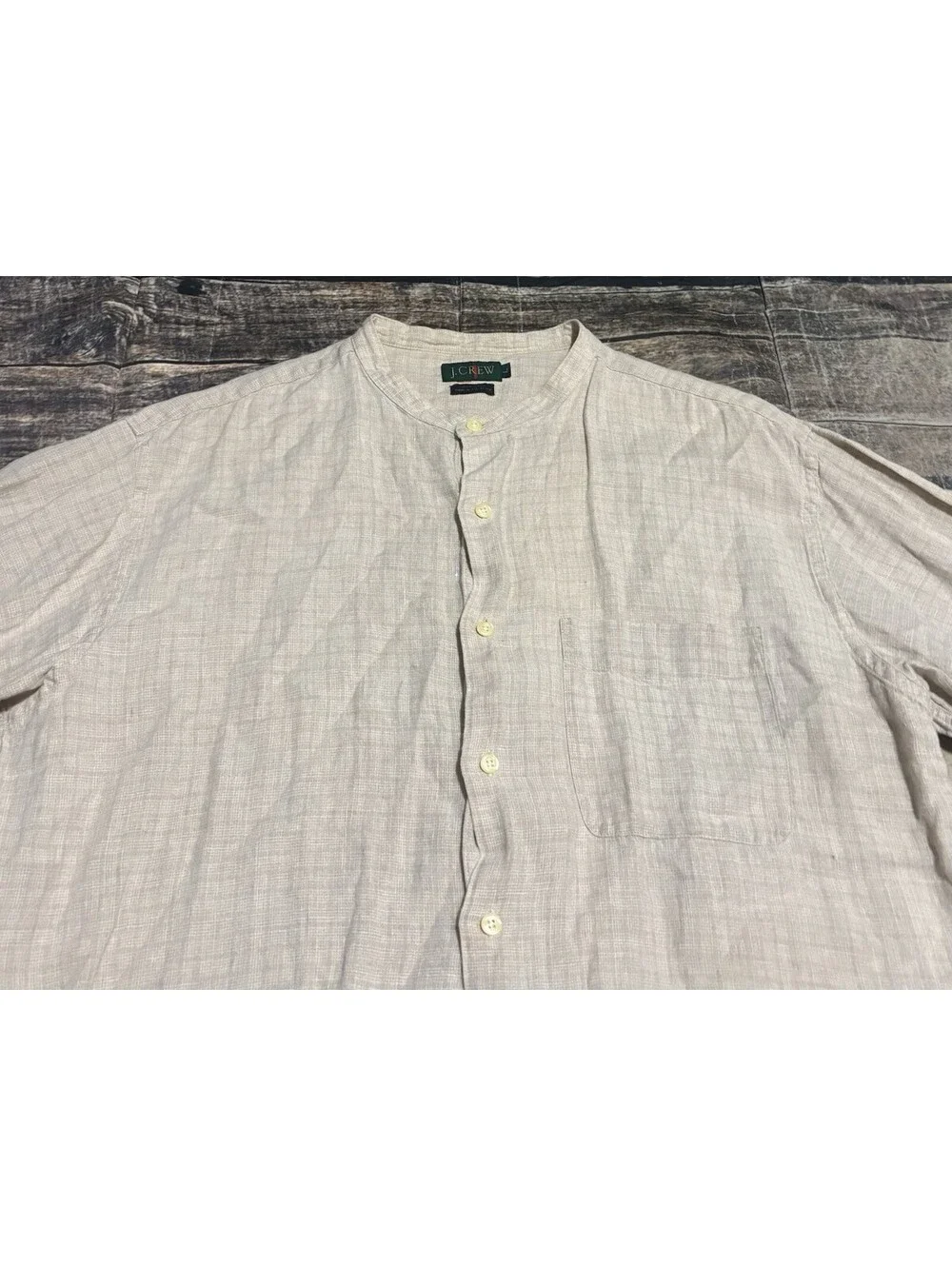 90s J Crew Shirt Mens Large Linen Check Beige Band Collar Pocket